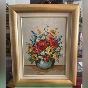 Floral Needlepoint Art in Gold Frame